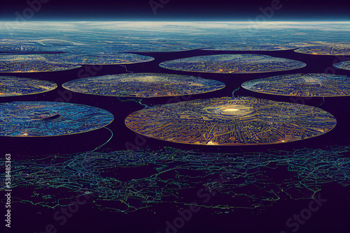 Far Future Vast Mega City In Space. High Angle Aerial View. Glowing Line. Masterpiece Atmosphere. Sci-fi Art Illustration.