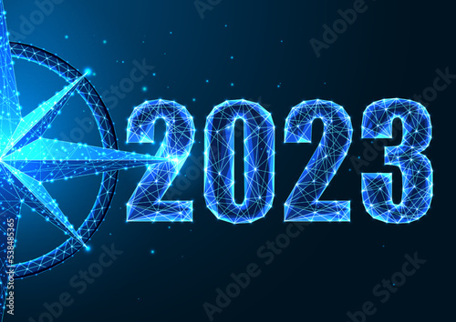 Abstract 2023 business vision, goals concept web banner in futuristic polygonal style on dark blue
