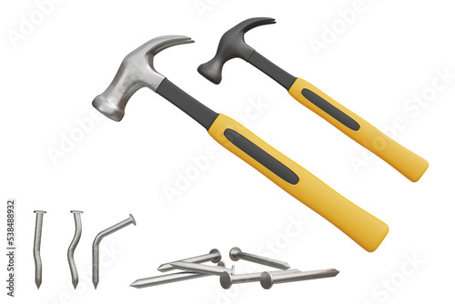 Steel hammer with realistic yellow rubber handle. hammer and nails isolated on white background carpentry concept, repair, house, carpentry industry 3D rendering illustration