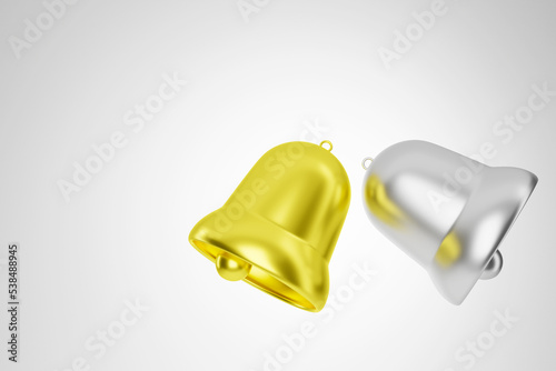 3d rendering of gold and silver bell icon illustration isolated on white background. Great for website and social media illustrations, notifications, announcements, communications.