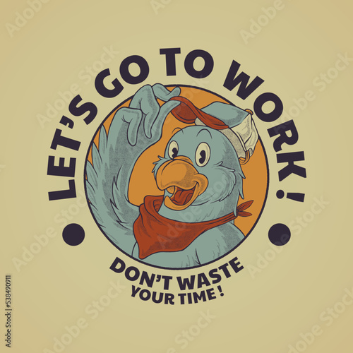 cartoon emblem of parrot mascot wearing a hat with retro style