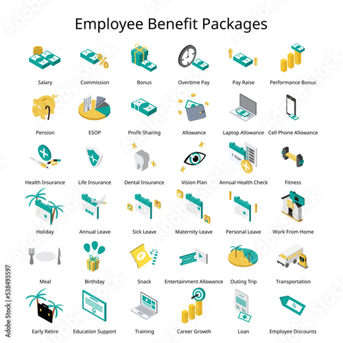 Set of isometric Employee Benefit package for employee icon