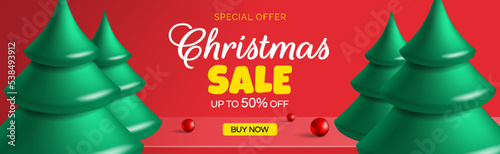 christmas sale web banner design with 3d spruce trees on red background vector illustration