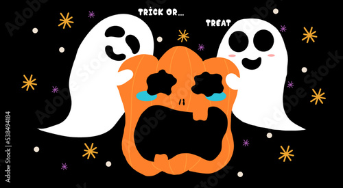 A picture of the devil's pumpkin lantern being fooled by two ghosts in the night of Halloween, Background or banner Halloween template.