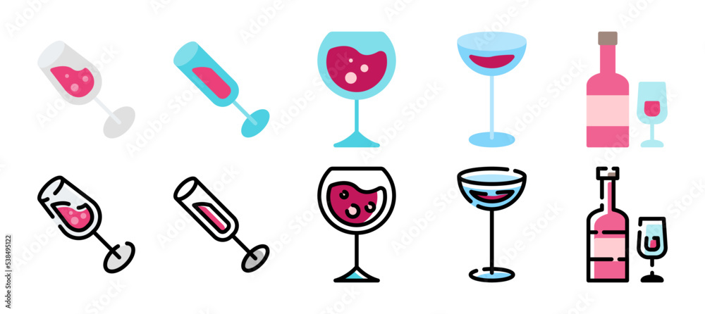 Icon set pictogram with wine glasses and bottles. Vector illustration in flat and filled line style Icon set pictogram with wine glasses and bottles. Vector illustration in flat and filled line style