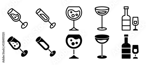 Icon set pictogram with wine glasses and bottles. Vector illustration in line and solid style