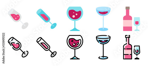 Icon set pictogram with wine glasses and bottles. Vector illustration in flat  and filled line style