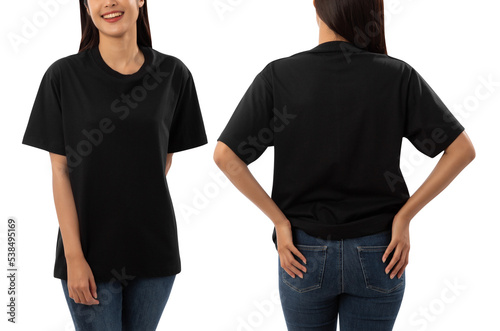 Young woman in black oversize T shirt mockup isolated on white background with clipping path.