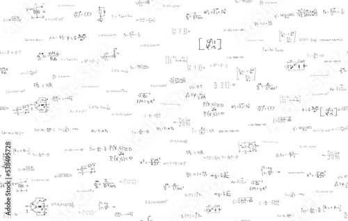 Formulas of astrophysics, quantum mechanics, radio circuits. Scientific, educational background on white. Hand drawn.