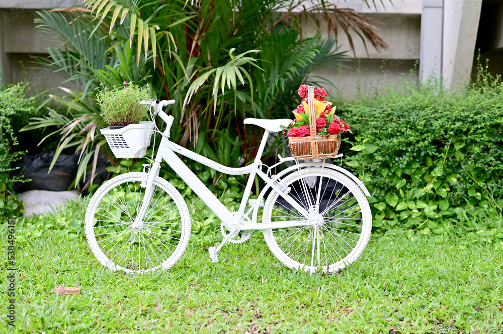 Many colors of fake flowers in the basket on a white bicycle in the park with natural background at Thailand.
