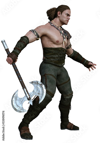 3D Rendered Male Viking Warrior on Transparent Background In Fighting Pose with Axe - 3D Illustration