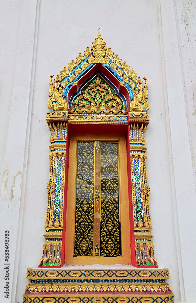BANGKOK, THAILAND - October 13, 2022 : Golden Wood craft Thai classic pattern in temple at Bangkok, Thailand.