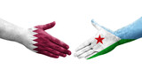 Handshake between Djibouti and Qatar flags painted on hands, isolated transparent image.