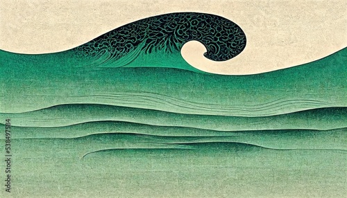 Traditional green wave painting, ukiyoe-like Katsushika Hokusai style, several wave patterns in Japanese style, abstract, retro and elegant, design elements, background design