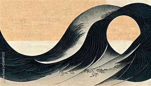 Objects like black waves on skin tone background, ukiyoe-like Katsushika Hokusai style, several wave patterns in Japanese style, abstract, retro and elegant, design elements, background design photo