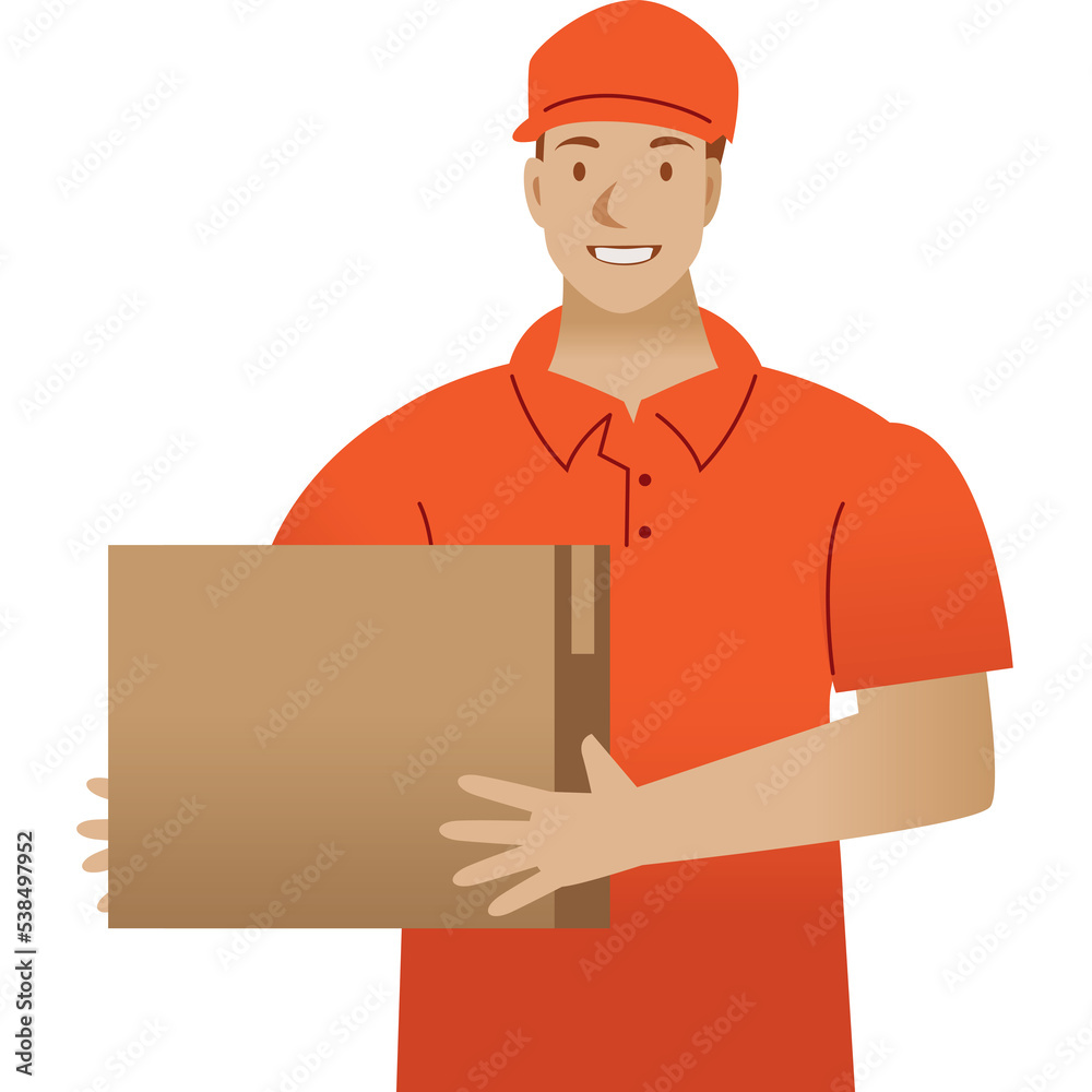 Male delivery man in orange uniform carrying boxes to deliver to customers Postman and express grocery delivery service.