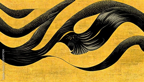 Luxurious black curves, gold atmosphere, ukiyoe-like Katsushika Hokusai style, several wave patterns in Japanese style, abstract, retro and elegant, design elements, background design