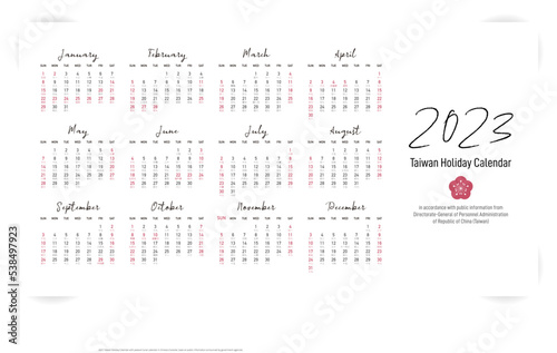 2023 Taiwan Holiday Calendar with peasant lunar calendar in chinese character, base on public information announced by government agencies