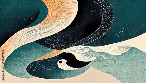 Green base with orange accents and black, ukiyoe-like Katsushika Hokusai style, Japanese wave pattern, abstract, retro and elegant, design elements, background design