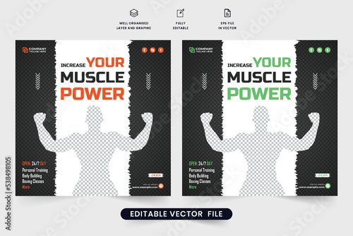 Gym training social media post design with photo placeholders. Fitness training session advertisement template design with dark backgrounds. Gym classes promotional web banner design with brush effect