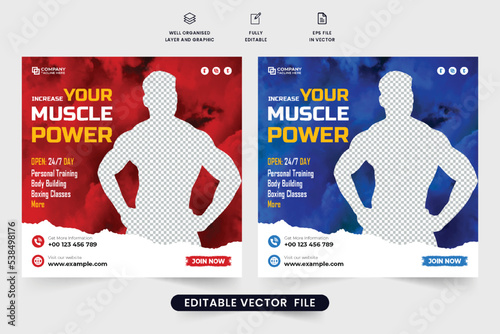 Gym Crossfit training social media post design for digital marketing. Fitness gym club promotional template vector with red and blue colors. Modern gym business advertisement web banner vector.