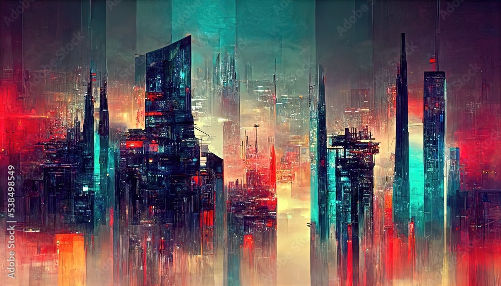 Technicolor cyberpunk rainbow seven-color futuristic city, upscale, abstract, striking, elegant, retro, background design, design elements