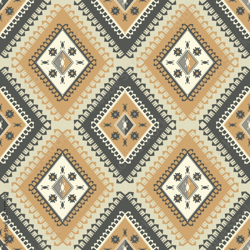 Ethnic geometric colorful vintage diamond pattern. Vector ethnic geometric diamond shape black-gold color vintage style seamless pattern background. Use for fabric, interior decoration elements.