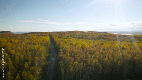 Aerial, along above the road, like real car, view of mountains covered beautiful gold autumn forest under cloud sky and sunbeams