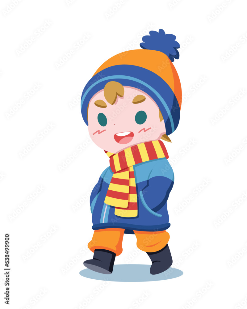 Cute style happy boy in winter clothes cartoon illustration Cute style happy boy in winter clothes cartoon illustration