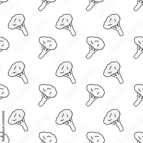 Doodle black and white outline with transparent background, broccolis seamless pattern.