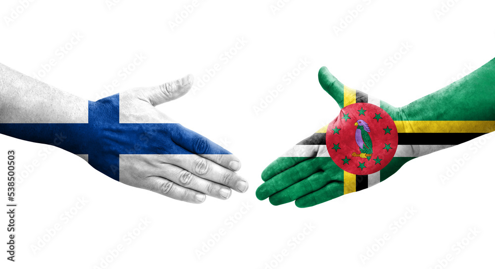 Handshake between Dominica and Finland flags painted on hands, isolated transparent image.