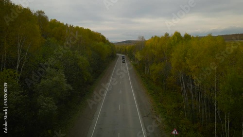 Aerial, above the road, view of mountains covered beautiful gold autumn forest and country road under cloud sky and sunbeams