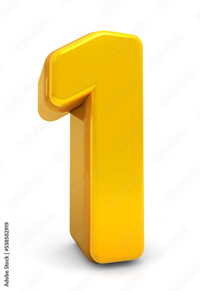 Gold Numbers 1 isolated on white background. Golden 3d numbers. 3d