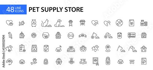 48 line art pet supply store icons. Food, veterinarian and housing. Pixel perfect, editable stroke 