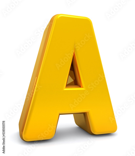 Golden Alphabet A isolated on white background. Gold 3d font A. 3D golden letters. Alphabetical font. 3D rendering