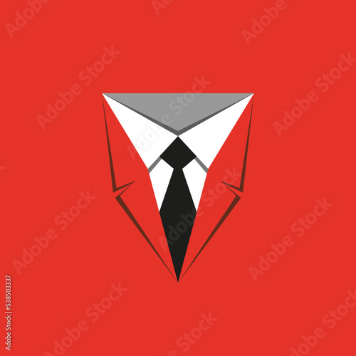 Men's style logo template design with a tie on a red background. Vector illustration with a red suit, white collar and tie.