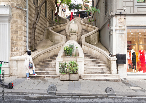 Photography Kamondo Stairs, a famous pedestrian stairway leading to Galata Tower, built arou