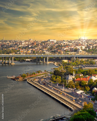 Istanbul city view from Pierre Loti Teleferik station overlooking Golden Horn, Eyup District, Istanbul, Turkey, before sunset