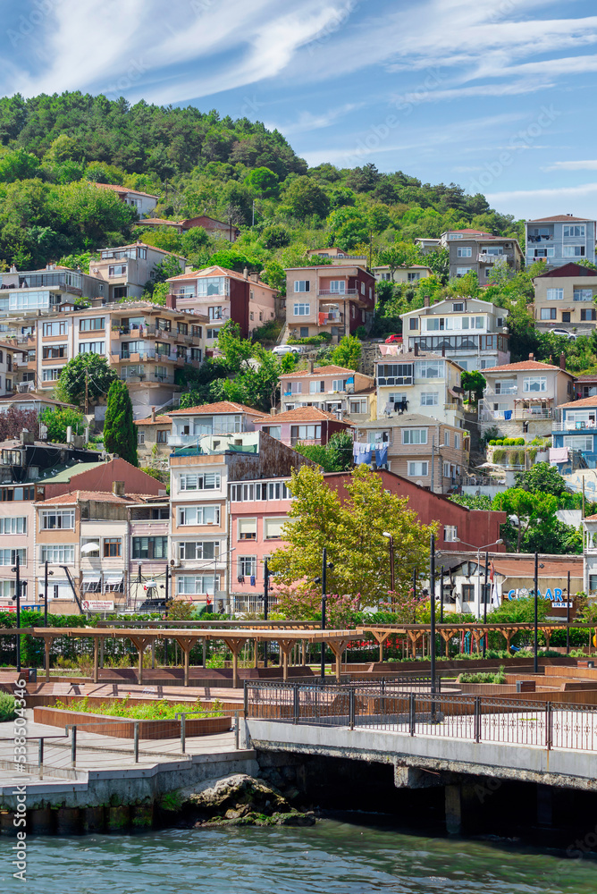 View from the sea of the green mountains of Rumeli Kavagi, at the Europian side of Bosphorus strait, with traditional houses and dense trees in a summer day, Istanbul, Turkey