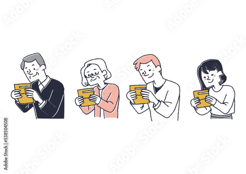 通帳の溜まった貯金を見てニンマリする人々のセット