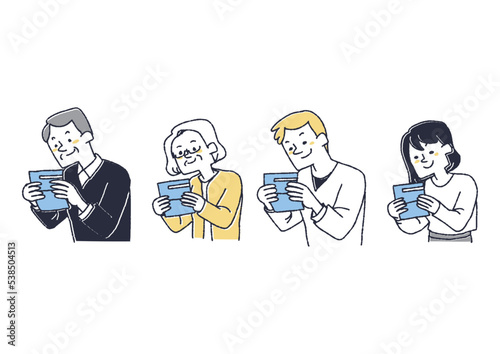 通帳の溜まった貯金を見てニンマリする人々のセット