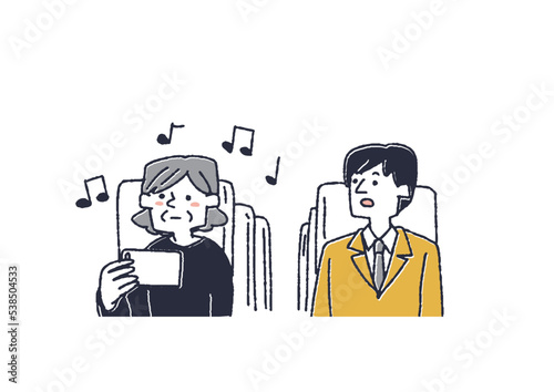 公共の場所で音を出して動画を見る高齢女性　スマホマナーを呼びかけるイラスト