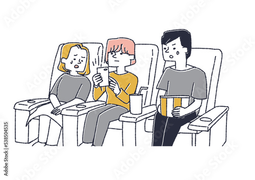 映画の上映中スマホを取り出して操作する女性　スマホマナーを呼びかけるイラスト