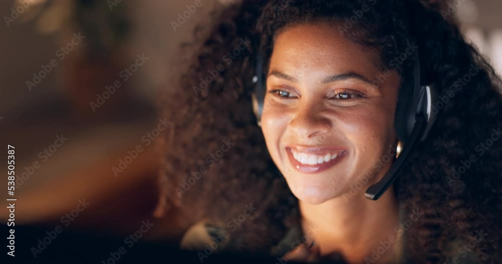 Happy, call center and black woman working in customer support in office at night, friendly and helpful. Crm, telemarketing and consulting by woman agent offering online support and customer service