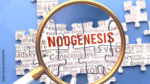 Noogenesis as a complex and multipart topic under close inspection. Complexity shown as matching puzzle pieces defining dozens of vital ideas and concepts about Noogenesis,3d illustration photo