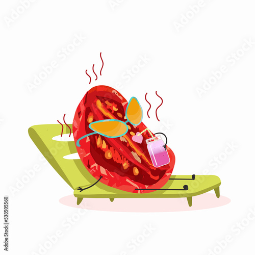 Sun-dried plum tomatoes half with seeds, dried tomato funny character, funny, lies on a sun lounger, sips a cocktail, ingredient, summer vibes.