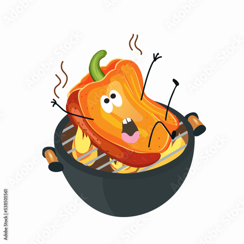 Bell pepper funny character roasted on barbecue grill, vector illustration. Cartoon character of food. Isolated image on a white background.