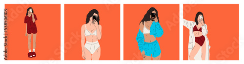 Four fashion illustrations. Beautiful young women takes a selfie in her underwear and robe. Hand drawn vector illustration.