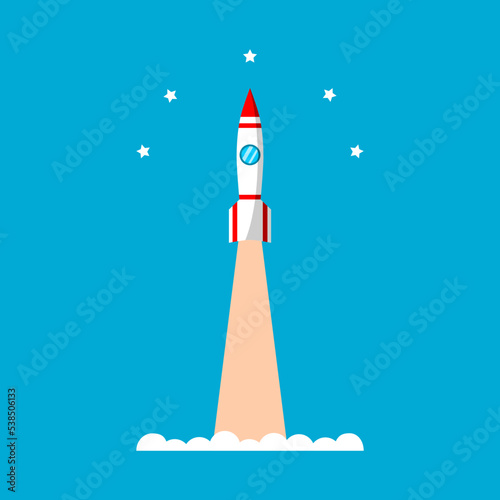 White rocket shuttle spaceship or missile launch take-off with curve stars on blue sky background flat vector design.