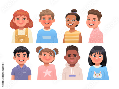 Children avatars set. Portraits of kids. Cheerful and cute boys and girls of different skin colors and ethnicities